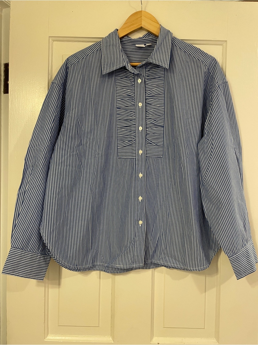 GAP Blue and White Striped Button-Down Shirt with Pintuck Bib